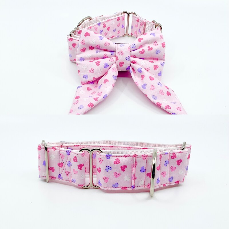 Valentine Martingale Dog Collar With Optional Sailor Bow Small Hearts On Pink  Slip On Collar Sizes S, M, L, XL